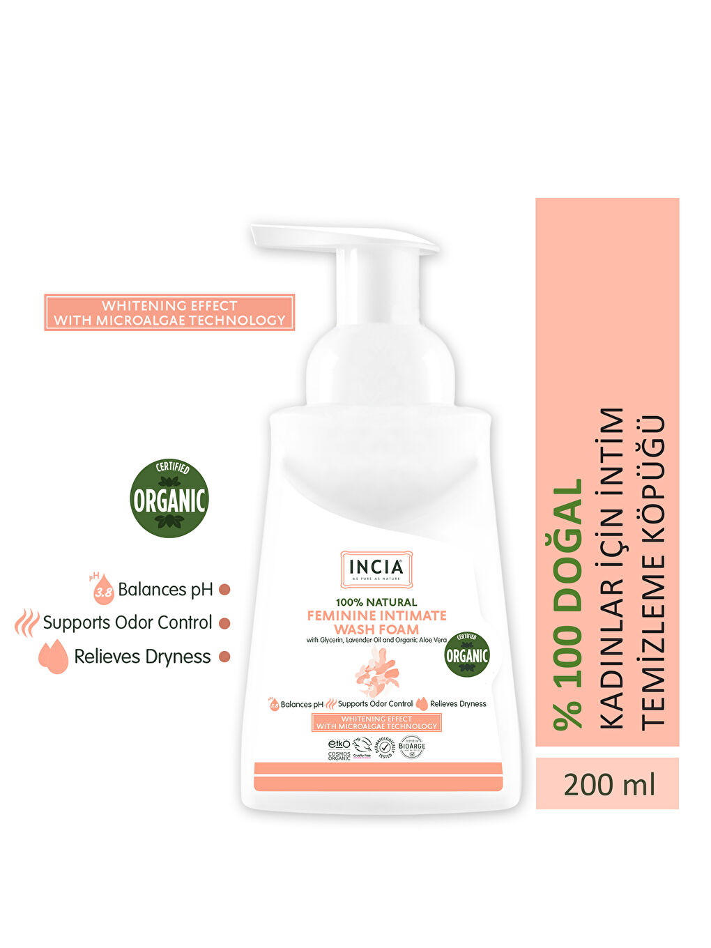 %100 Doğal İntim Yıkama Köpüğü pH 3.8 Beyazlatma Etkili ve Koku Önleyici Vegan 200 ml