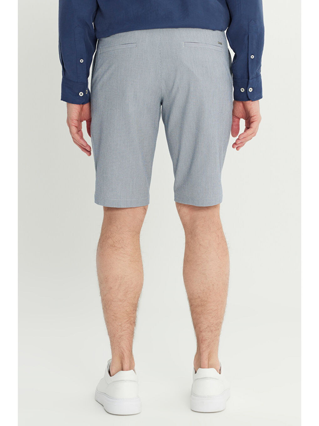 Erkek Lacivert Slim Fit Dar Kesim Gofre Desenli Yan Cepli Esnek Şort-4