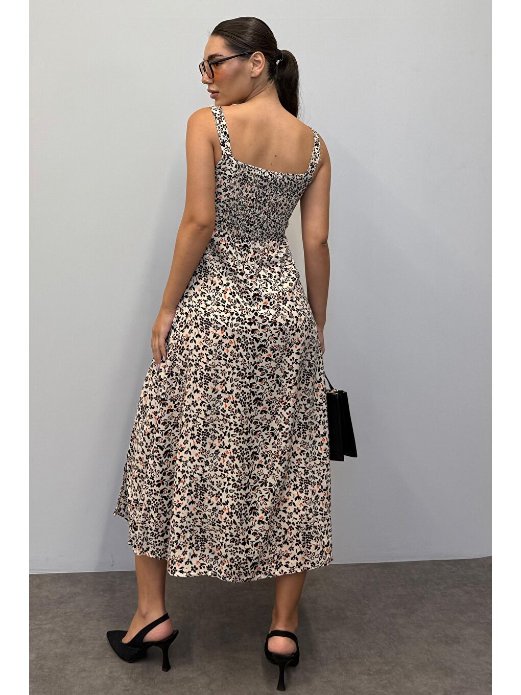 Bej Desenli Yırtmaçlı Uzun Elbise Mg1868-1