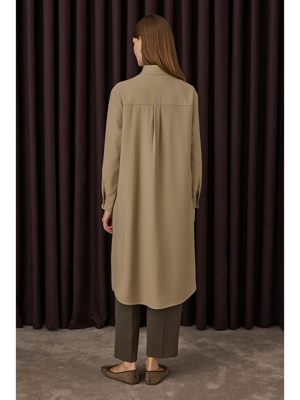 Bej Cep Detaylı Uzun Gömlek Mat Vizon-3