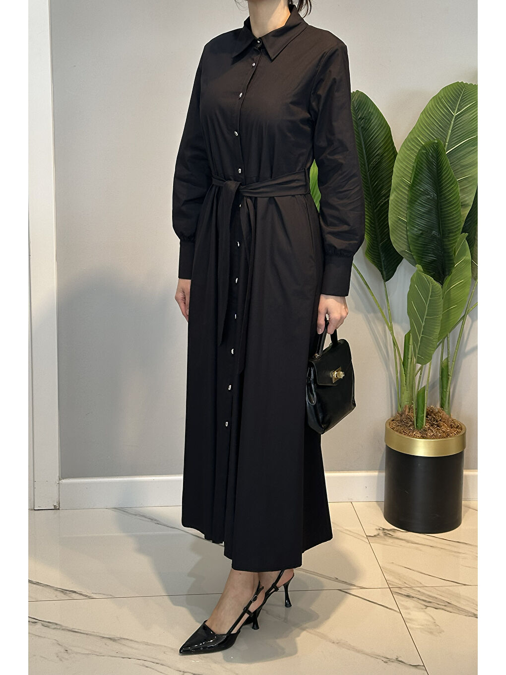 Düğme Detay Poplin Elbise 13233 Siyah-2