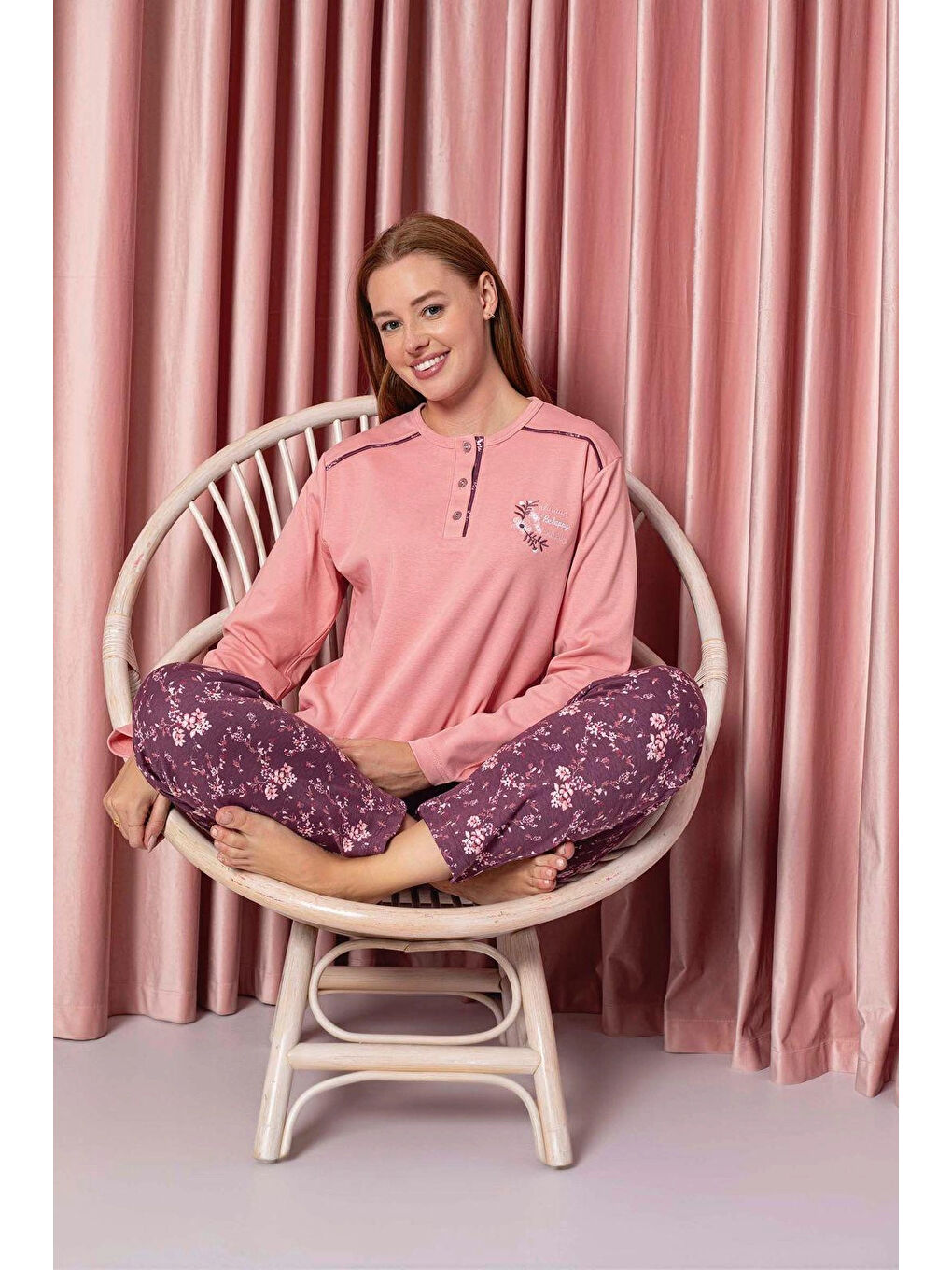 Pembe Desenli Kadın Pijama Takımı 3025-1