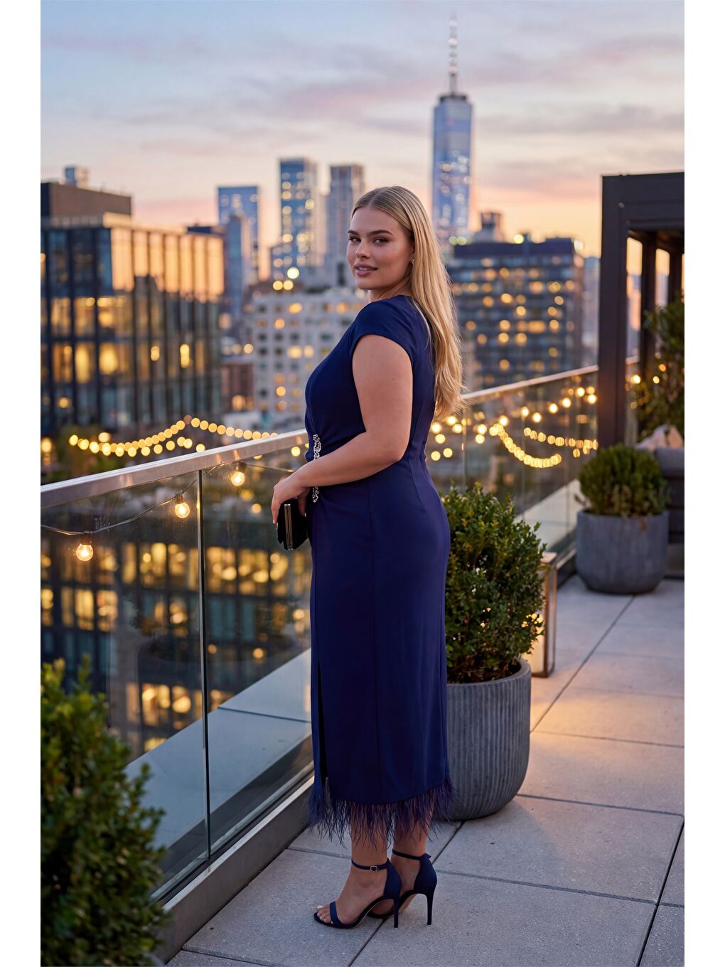 Kadın Lacivert Büyük Beden Otrişli Örme Midi Abiye Elbise-1