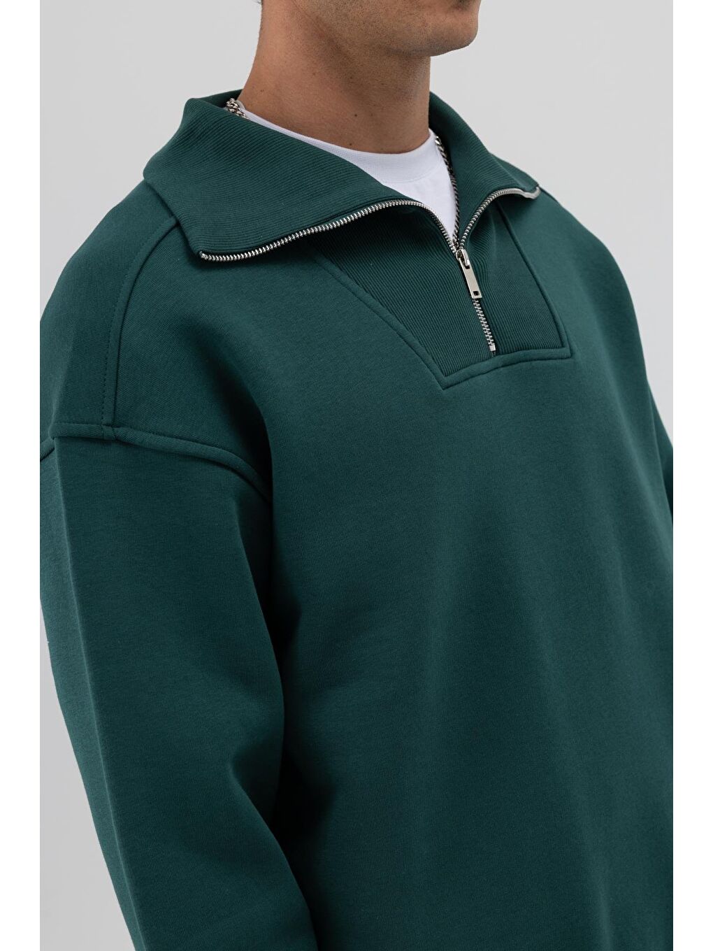 Yeşil Basic Fermuarlı Dik Yaka Sweatshirt Nefti-1