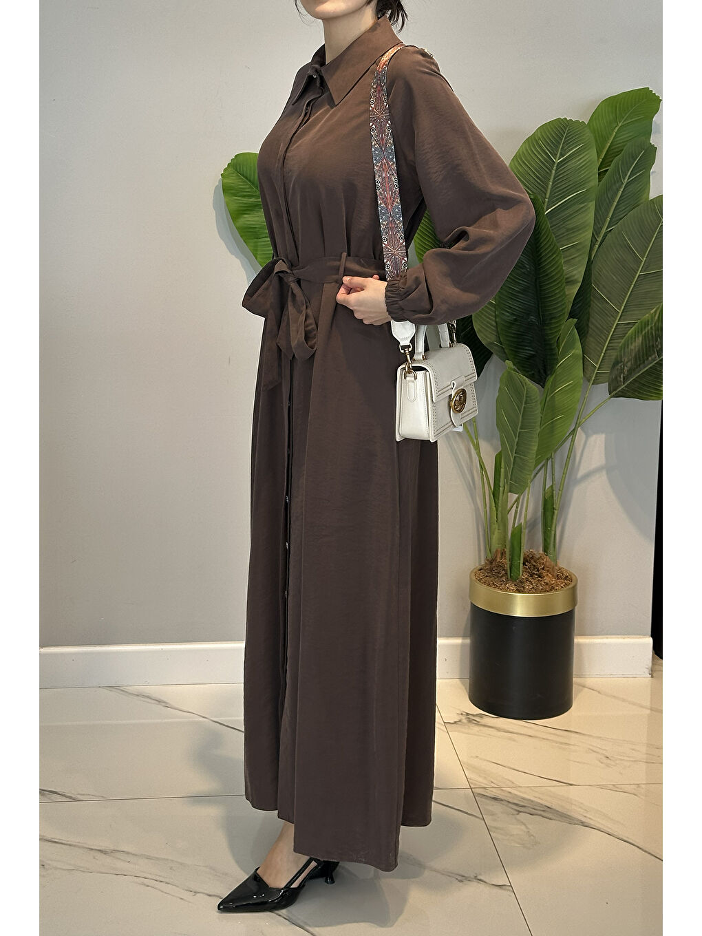 Düğmeli Modal Elbise 13249 Kahverengi-2