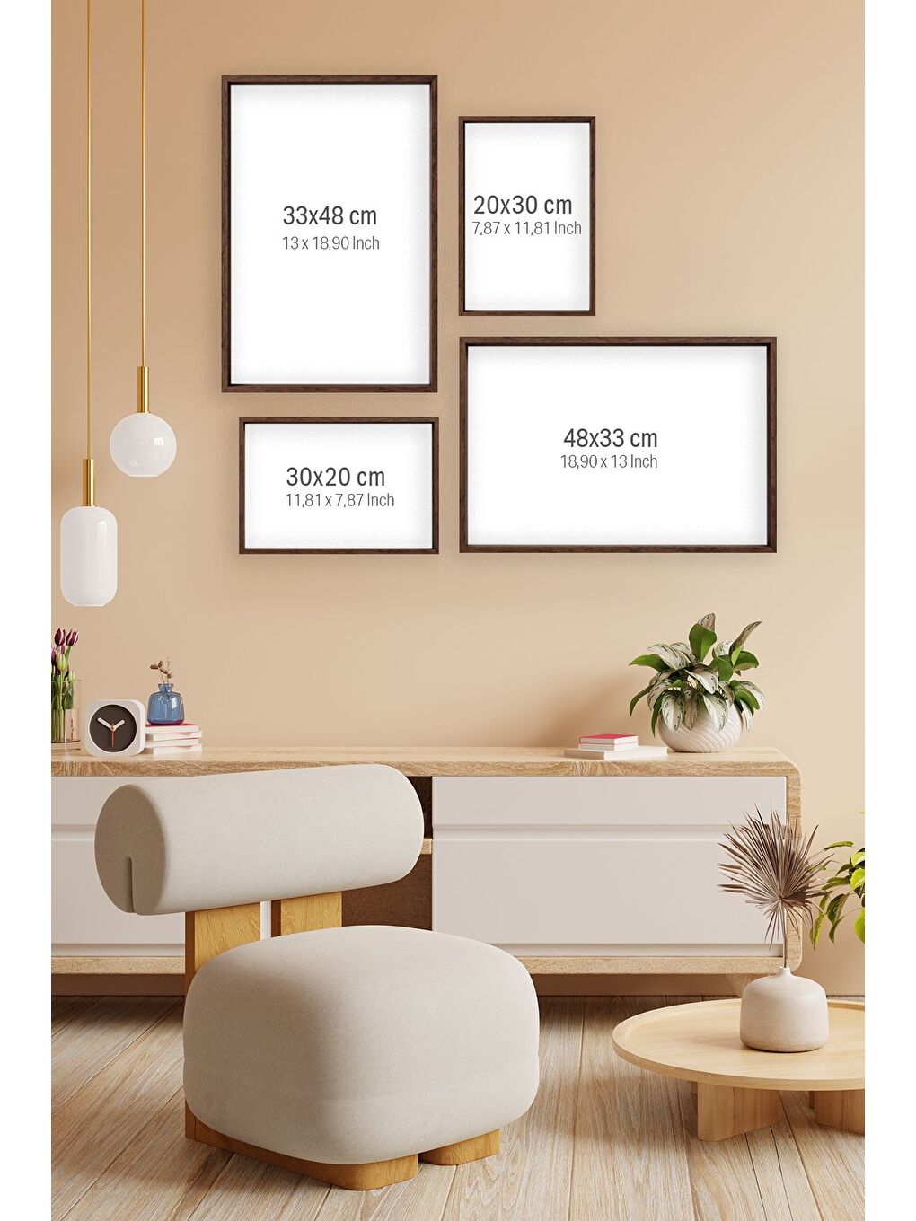 Beyaz Tek Parça Kahverengi Gerçek Ahşap Çerçeveli Tablo Seti 33x48 cm - Model 44-3