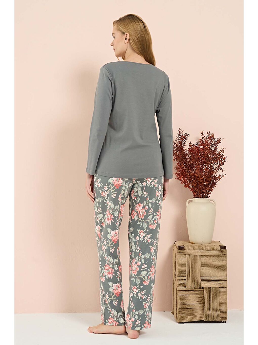 Kadın Penye Uzun Kol Pijama Takımı 3202 Gri-1