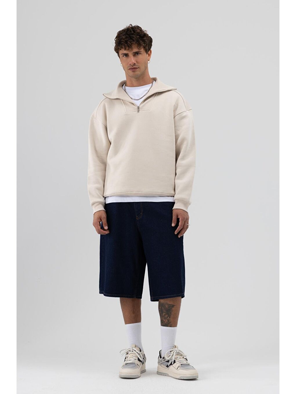 Bej Basic Fermuarlı Dik Yaka Sweatshirt Taş