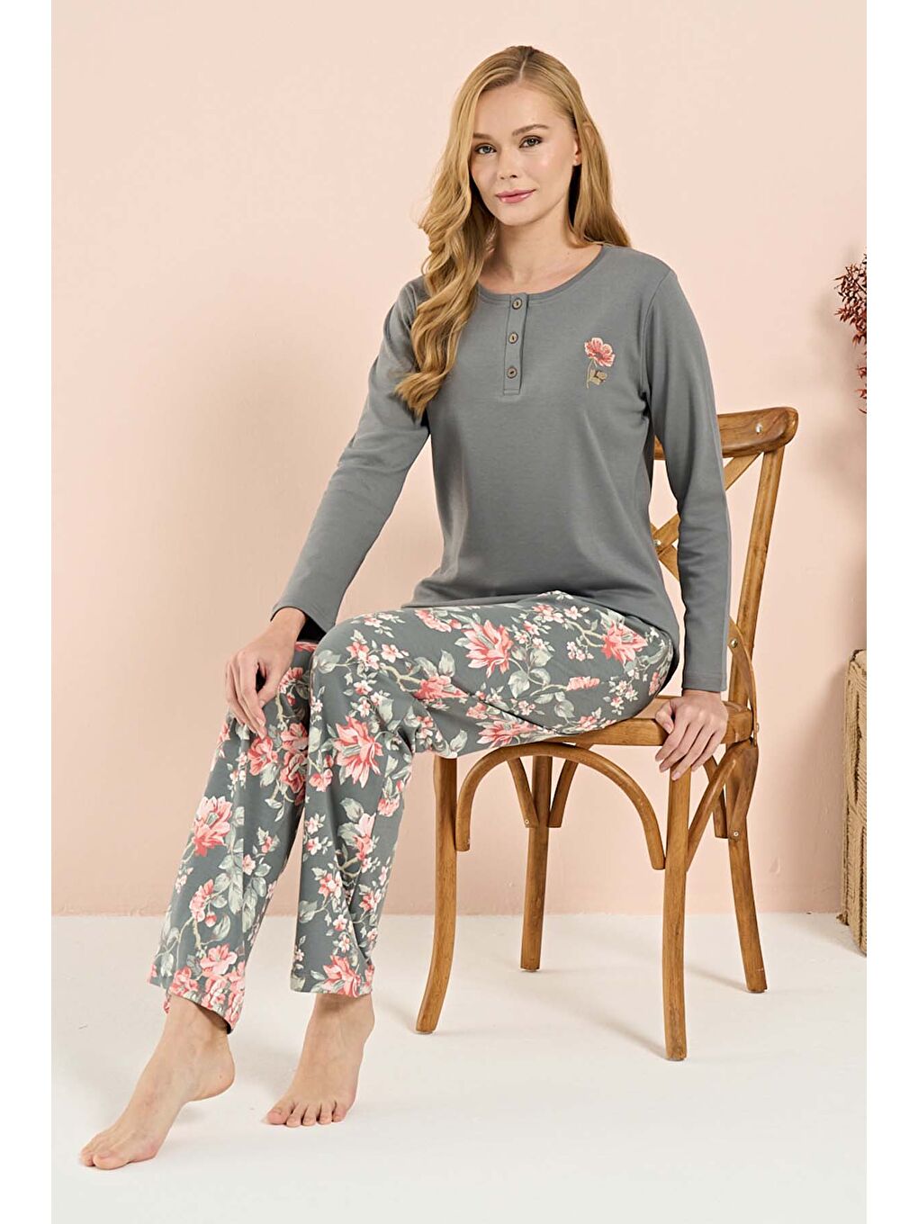 Kadın Penye Uzun Kol Pijama Takımı 3202 Gri-2