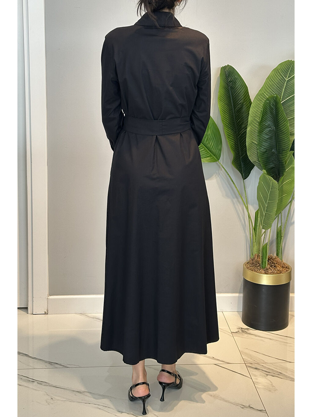 Düğme Detay Poplin Elbise 13233 Siyah-3