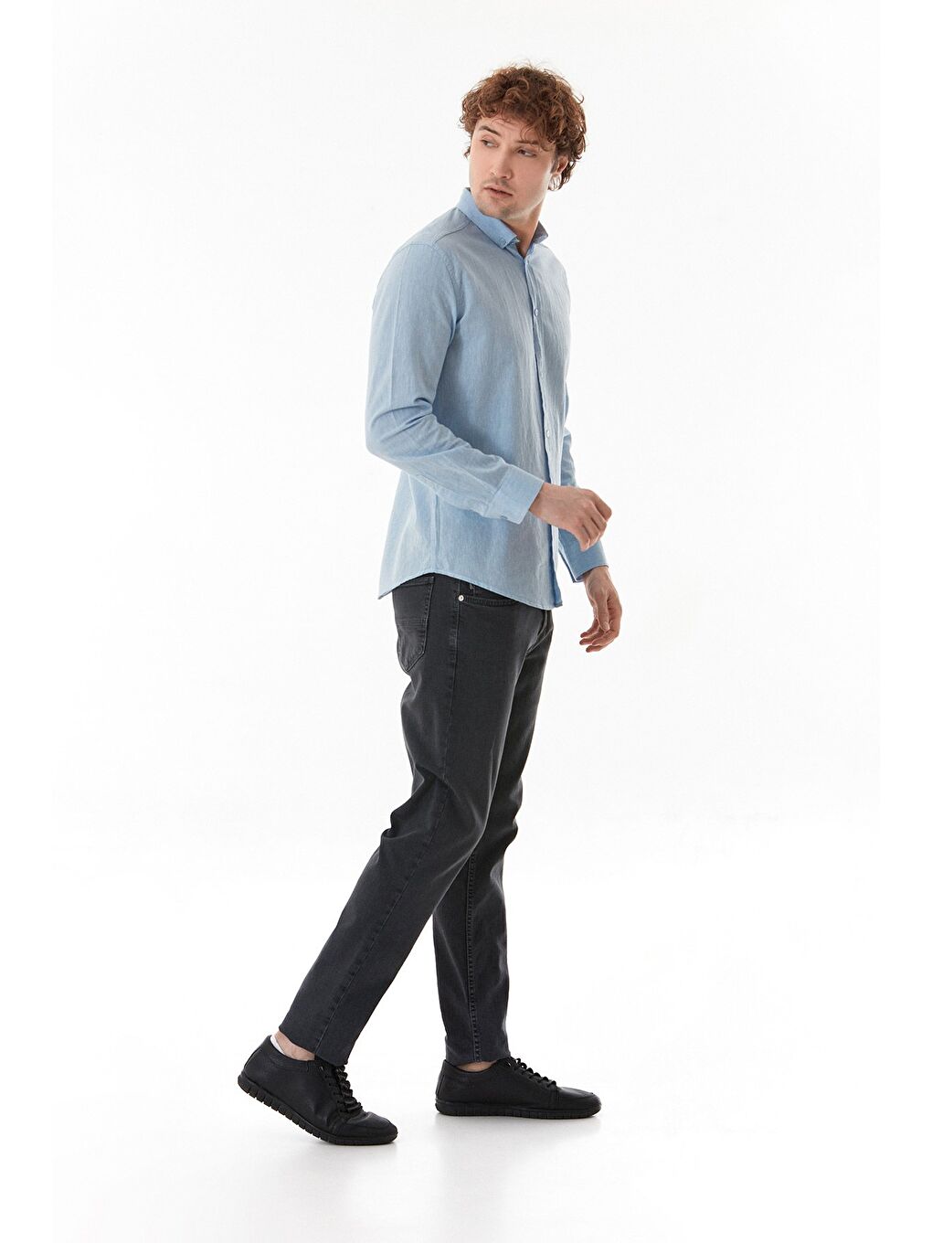 Mavi Basic Düğmeli Keten Gömlek-1