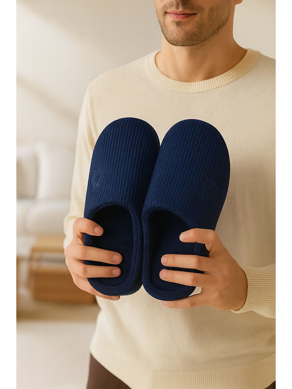 Lacivert VELVET Erkek Ev Terliği Ses Yapmayan Taban Yünlü Terlik-2