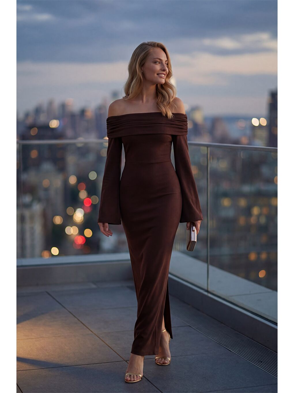 Kadın Kahverengi Carmen Yaka Gece Abiye Elbise-1