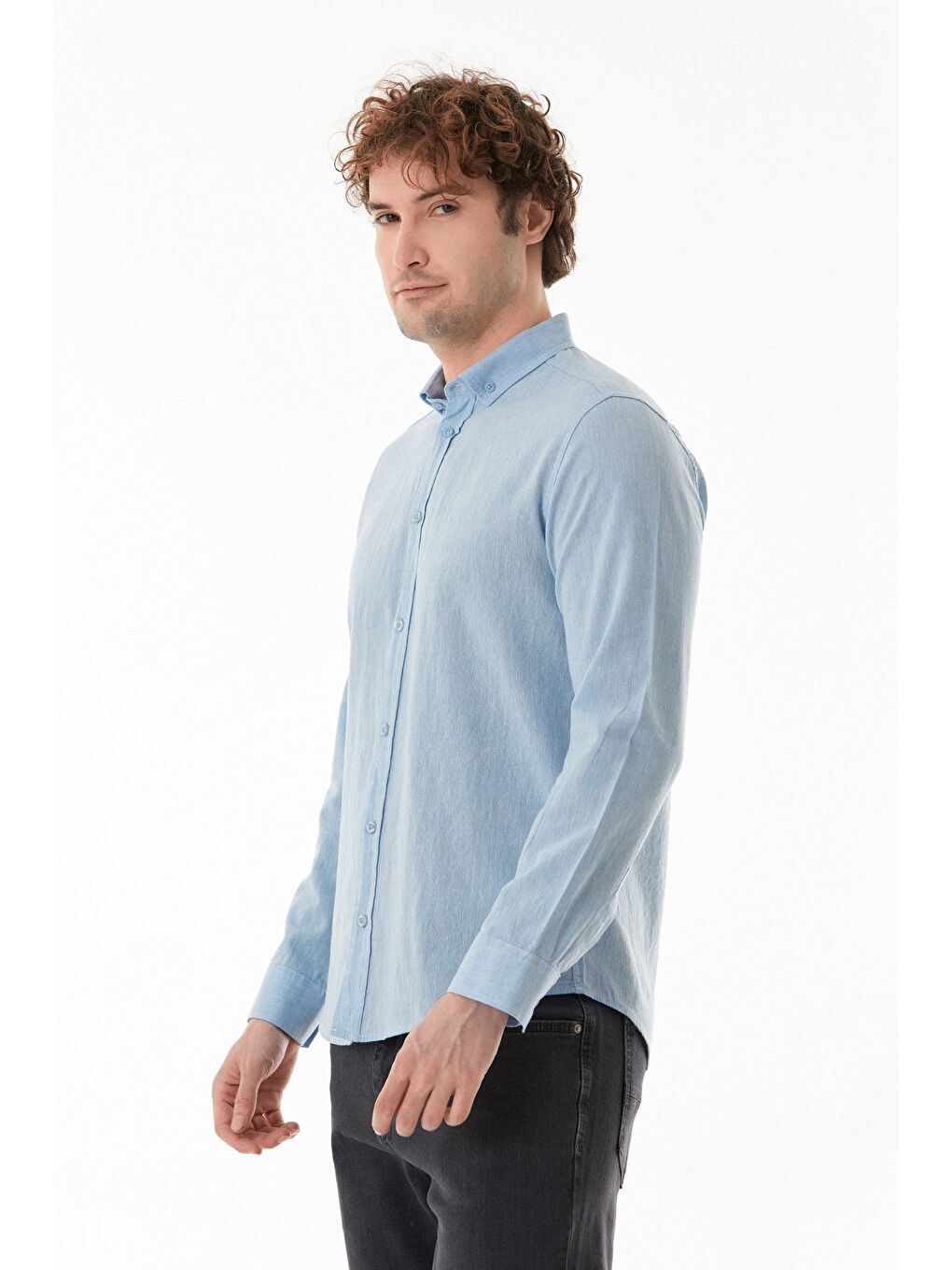 Mavi Basic Düğmeli Keten Gömlek-3