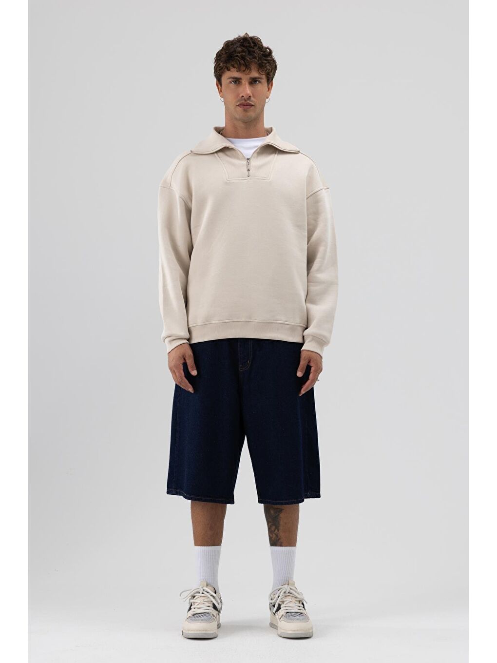 Bej Basic Fermuarlı Dik Yaka Sweatshirt Taş-1