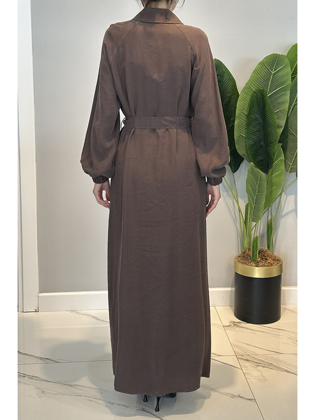 Düğmeli Modal Elbise 13249 Kahverengi-3