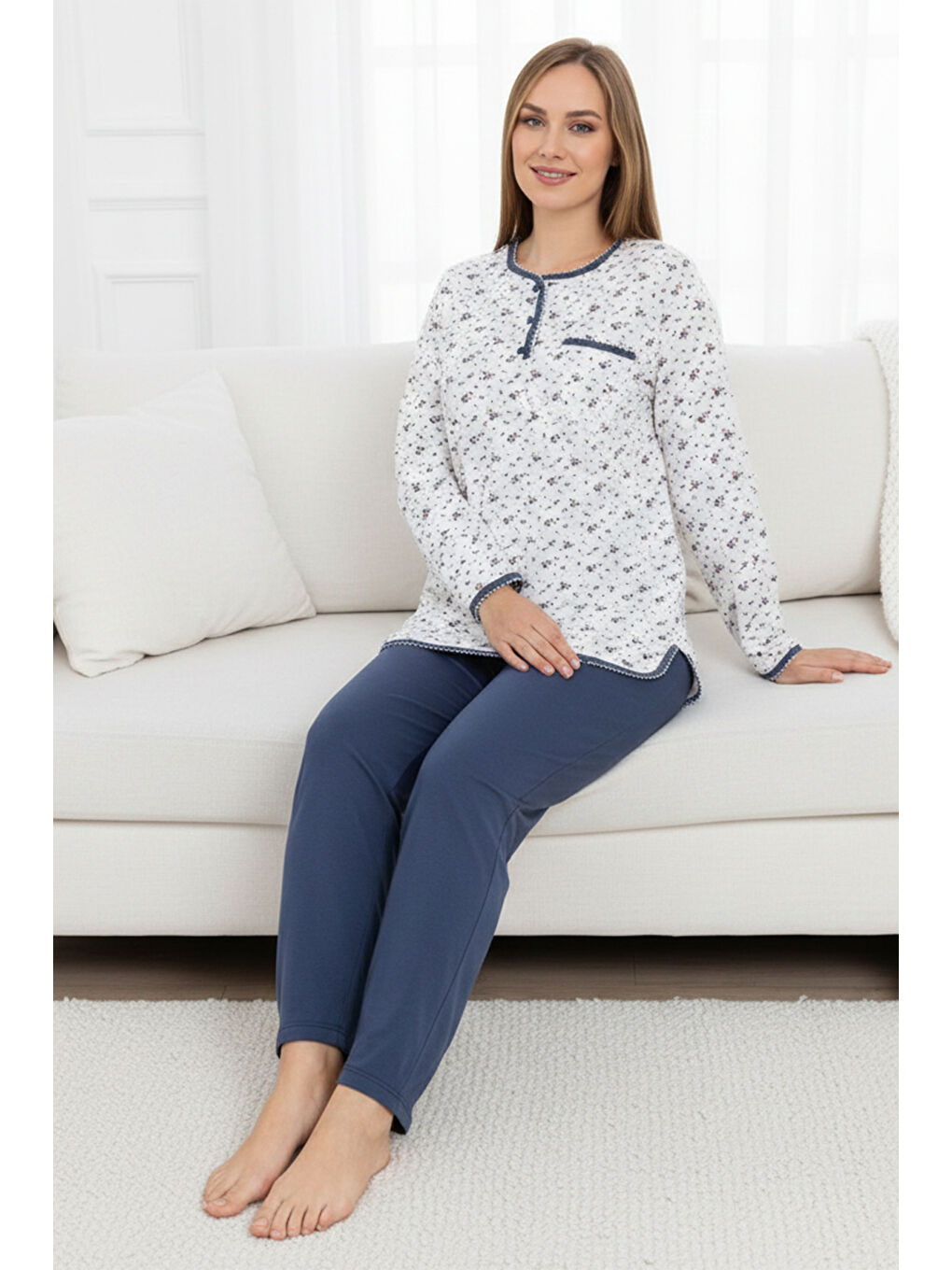 Büyük Beden Kadın Uzun Kol Kroşetalı Patlı Pamuklu Pijama Takımı 250653 Beyaz14-1