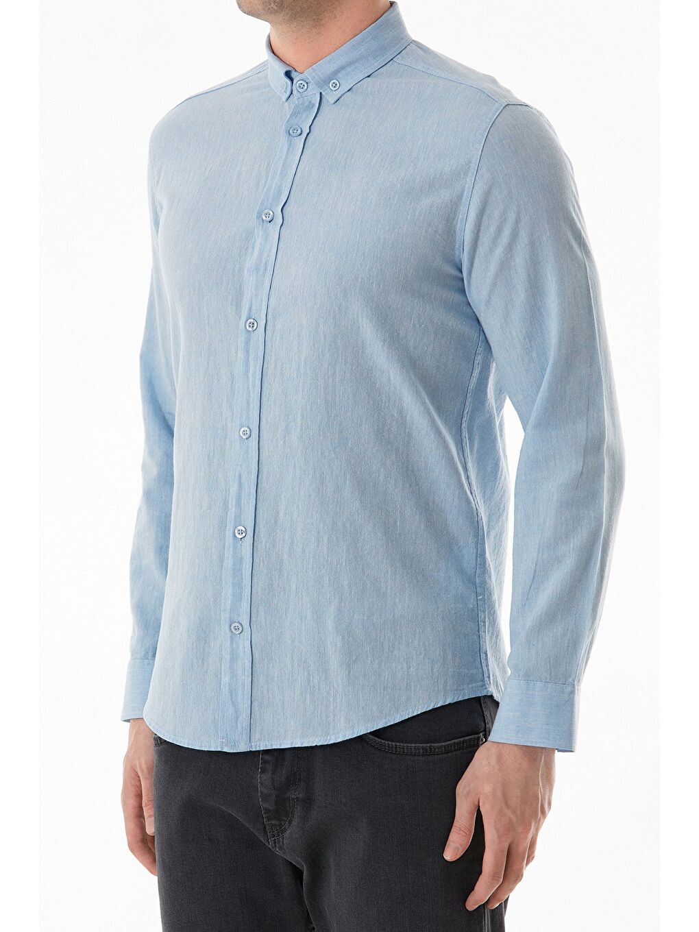 Mavi Basic Düğmeli Keten Gömlek-4