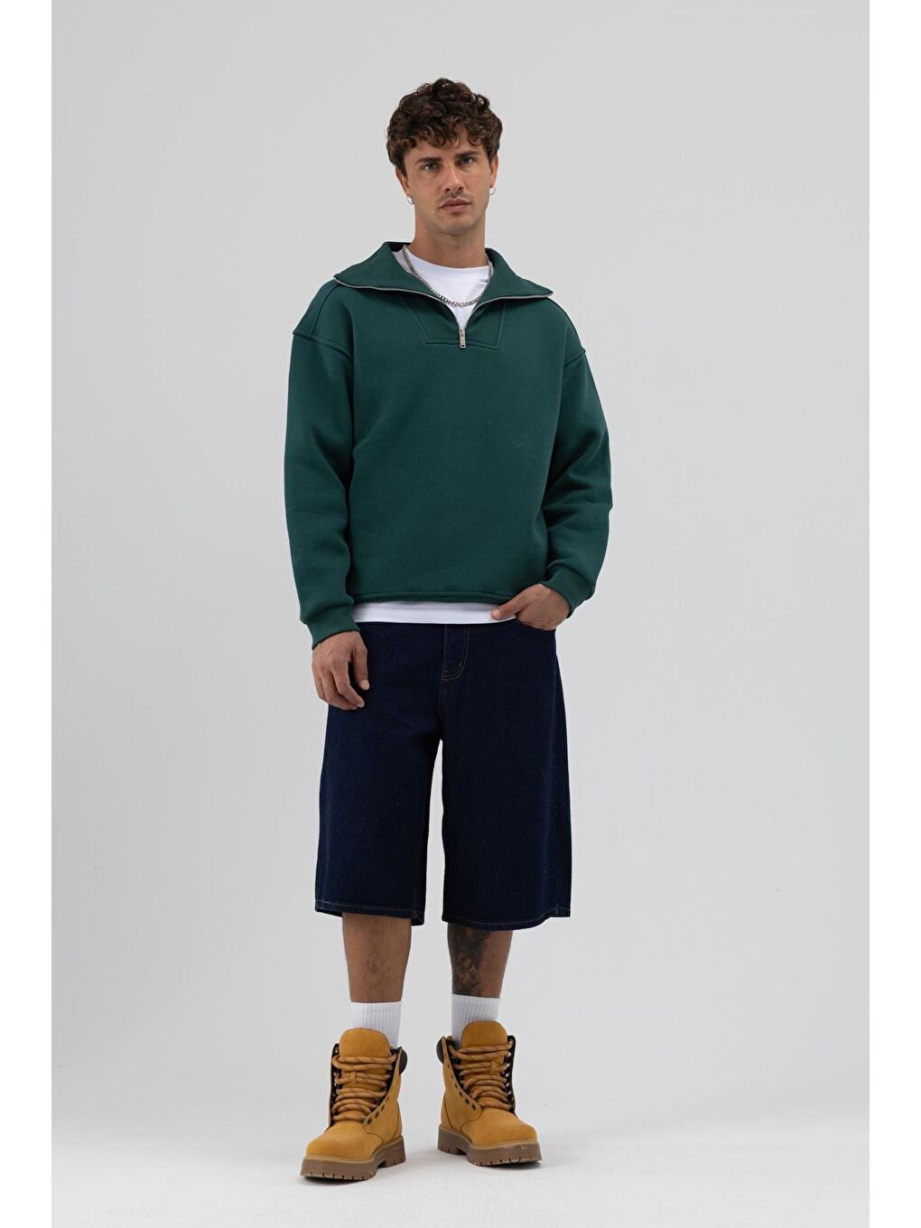 Yeşil Basic Fermuarlı Dik Yaka Sweatshirt Nefti-3