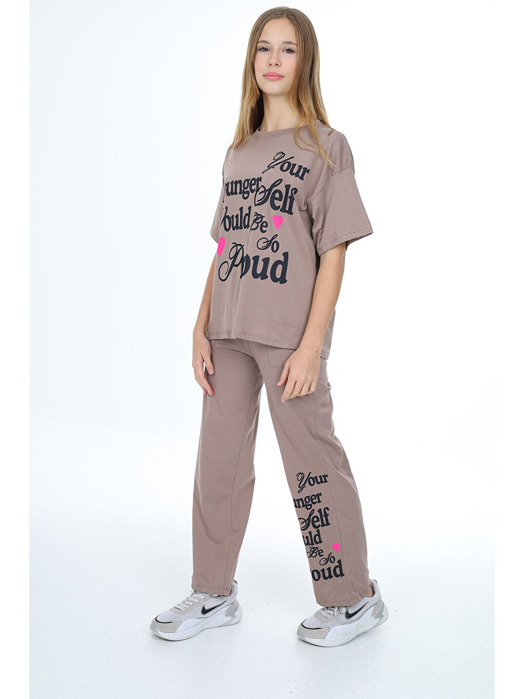 Kahverengi Kız Çocuk Yazı Baskılı Alt-Üst Takım 12150