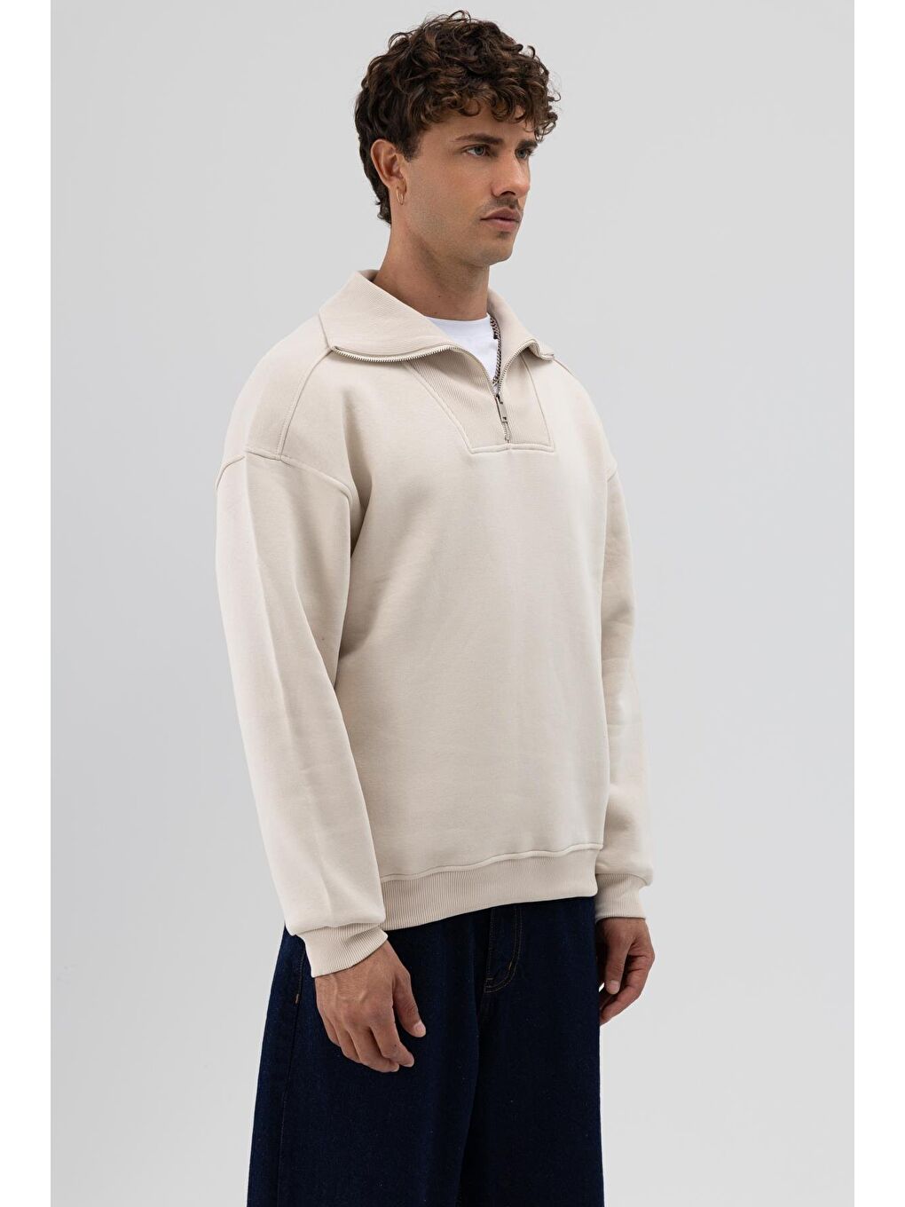 Bej Basic Fermuarlı Dik Yaka Sweatshirt Taş-2
