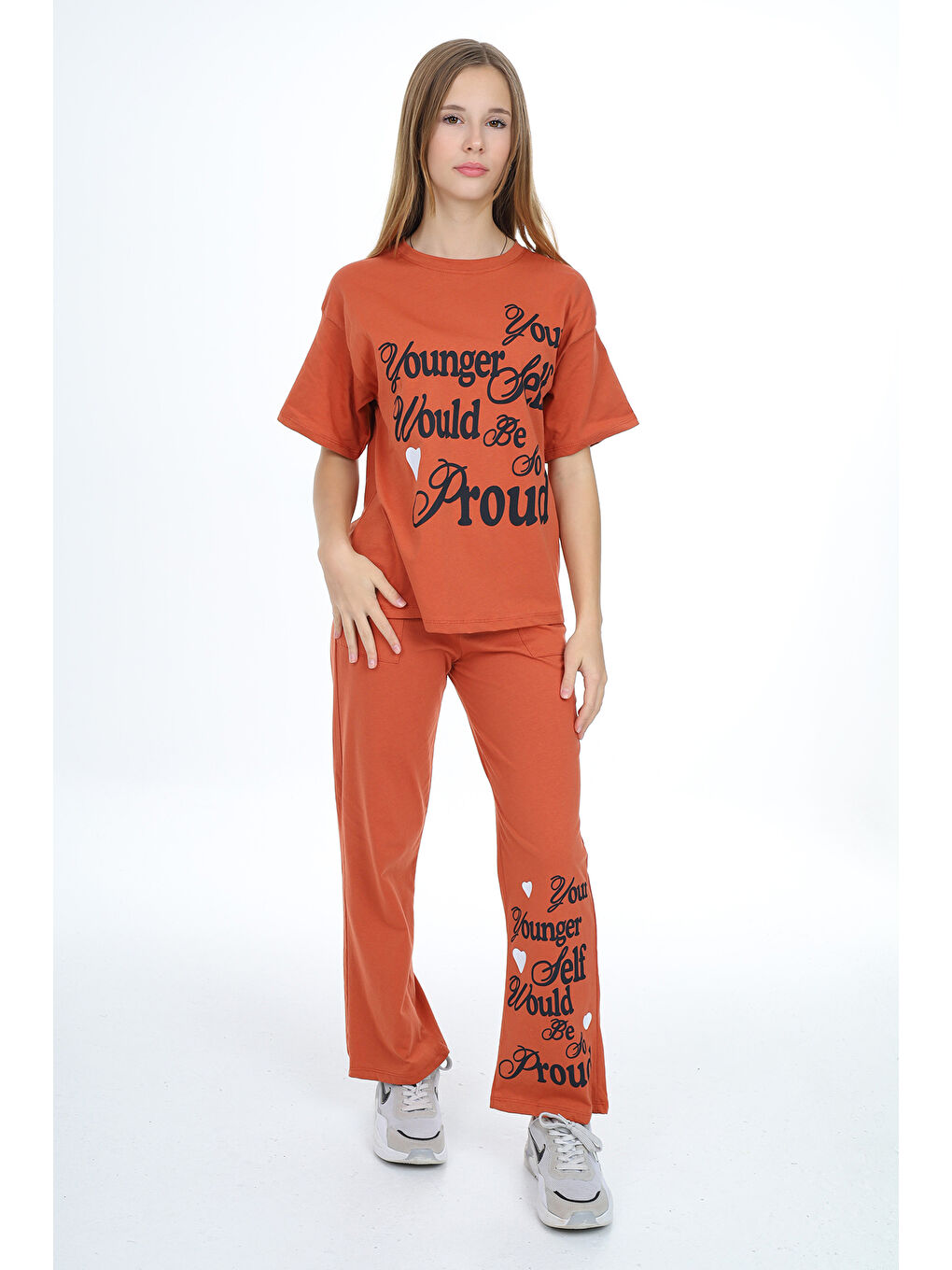 Kahverengi Kız Çocuk Yazı Baskılı Alt-Üst Takım 12150-2