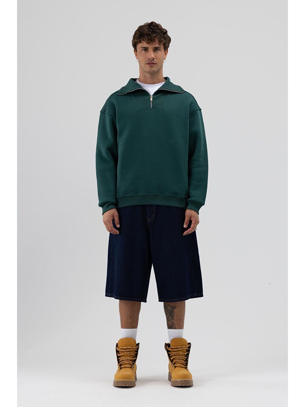 Yeşil Basic Fermuarlı Dik Yaka Sweatshirt Nefti-4