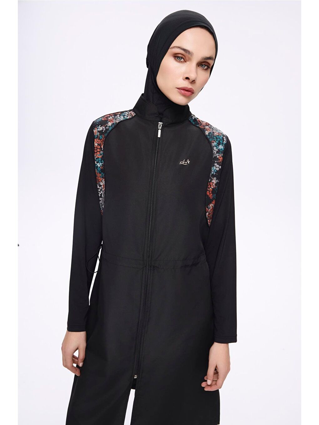 Omuz Bölgesi Desenli Siyah 3 Parça Dokuma Tam Tesettür Mayo Takımı 2274-1