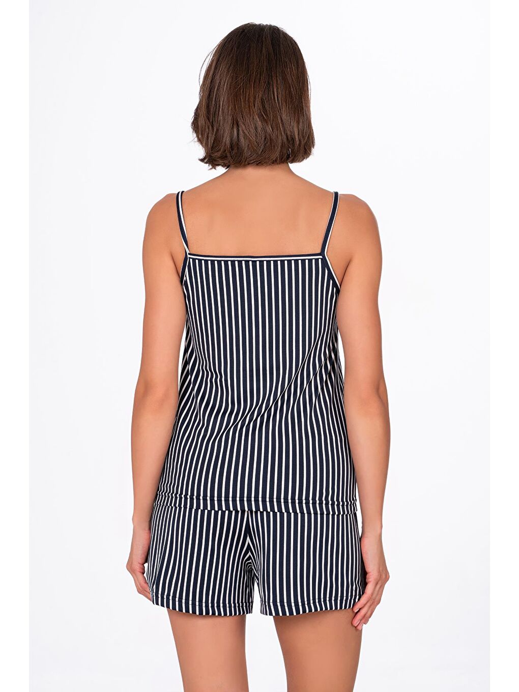 Kadın Lacivert Çizgili İp Askılı Şortlu Pijama Takımı-2