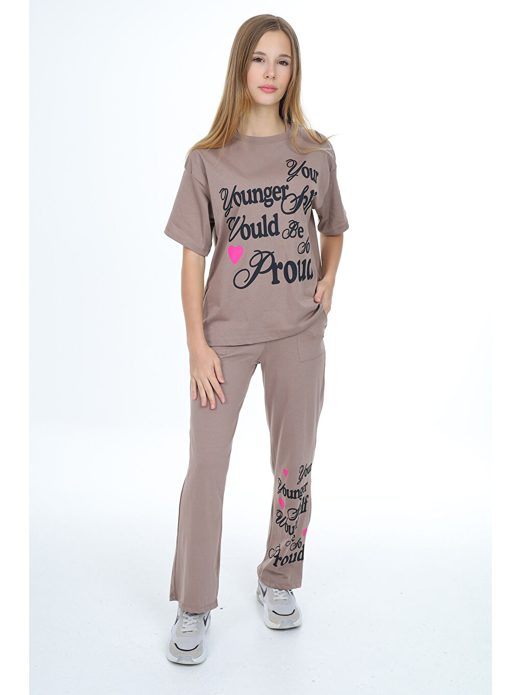 Kahverengi Kız Çocuk Yazı Baskılı Alt-Üst Takım 12150-2