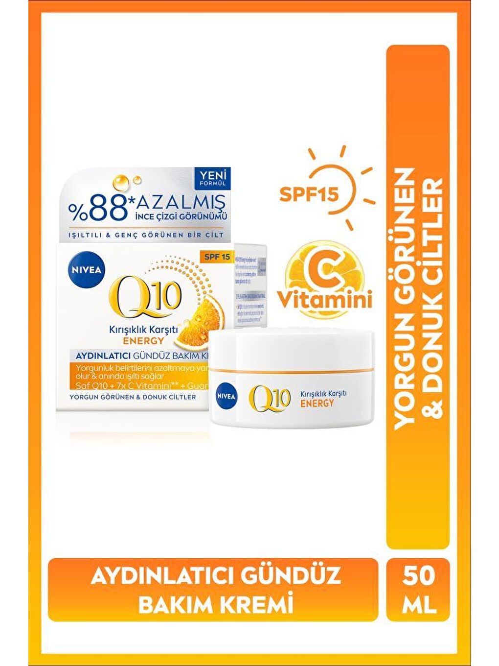 Q10 Energy Kırışıklık Karşıtı Aydınlatıcı Gündüz Yüz Bakım Kremi 50ml, SPF15, C Vitamini, Donu