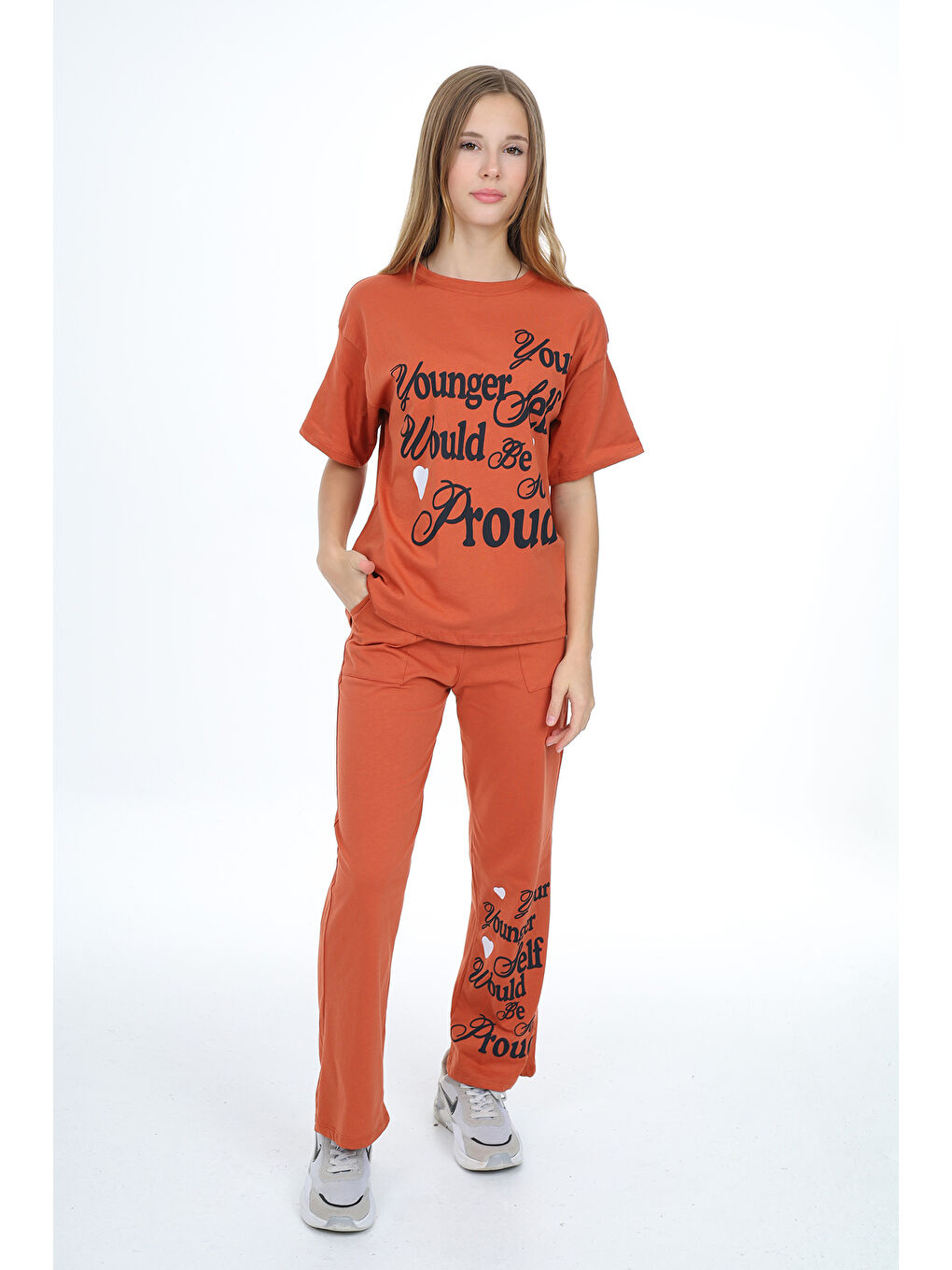 Kahverengi Kız Çocuk Yazı Baskılı Alt-Üst Takım 12150-3