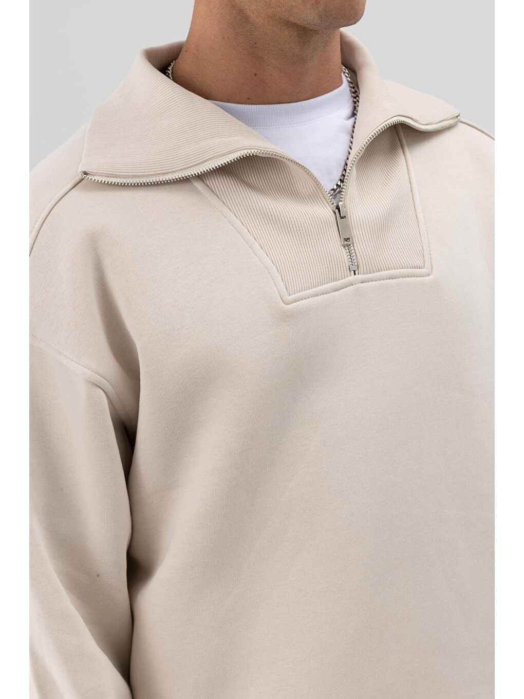 Bej Basic Fermuarlı Dik Yaka Sweatshirt Taş-3