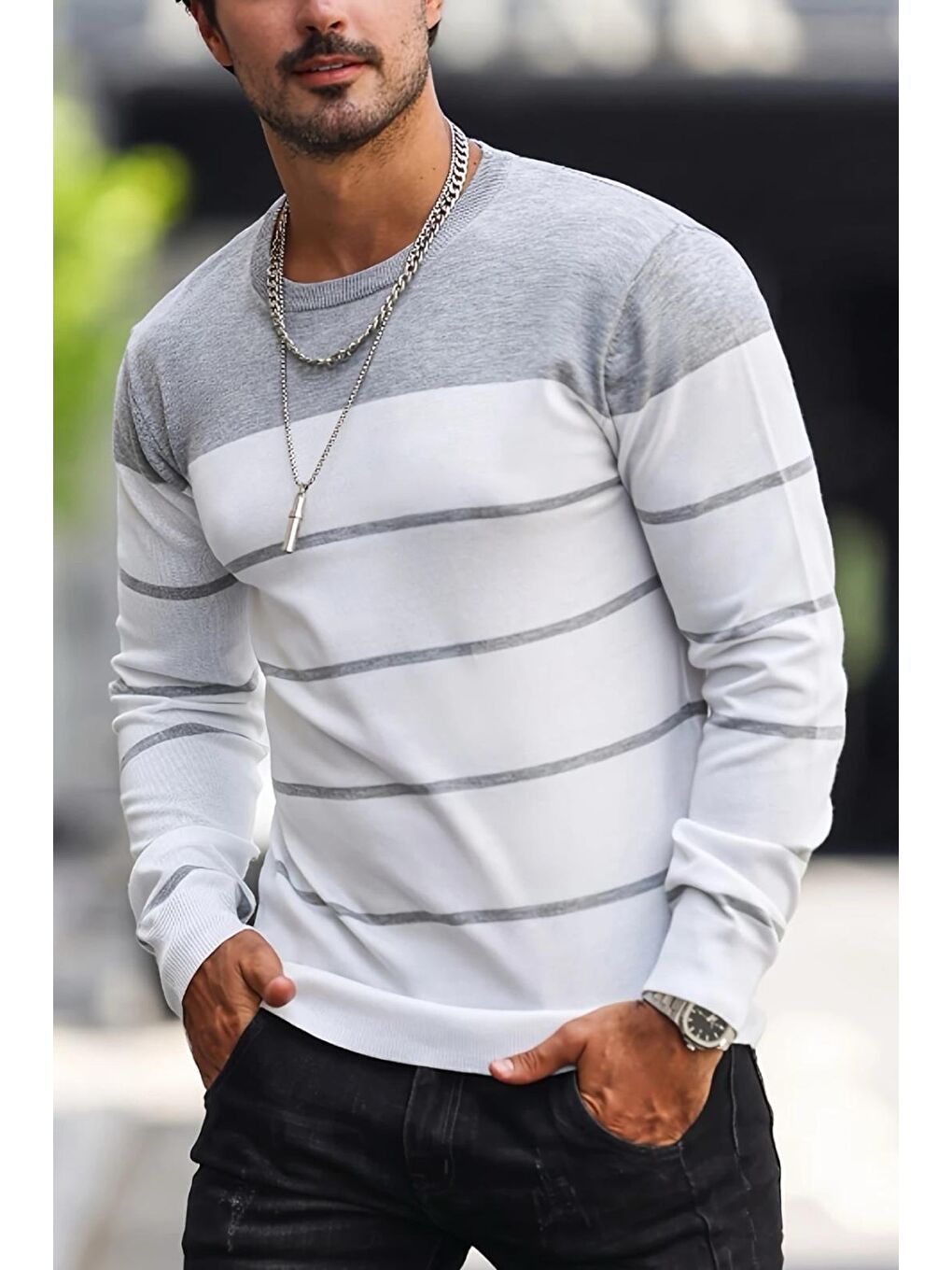 Gri Santi Slim Fit Çizgili Bisiklet Yaka Erkek Triko Kazak