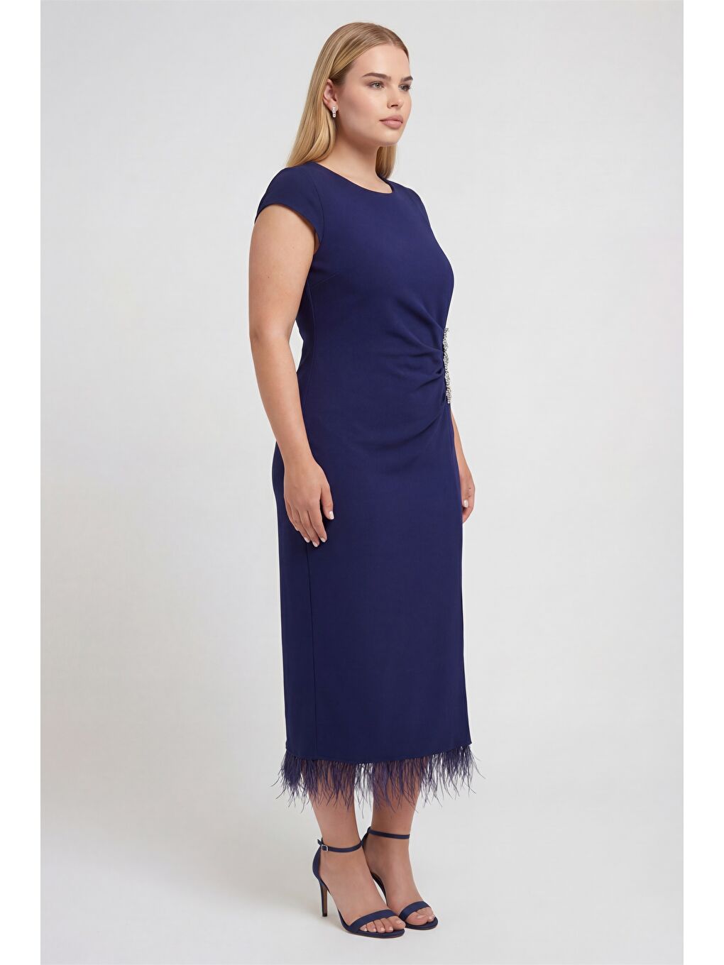 Kadın Lacivert Büyük Beden Otrişli Örme Midi Abiye Elbise-2
