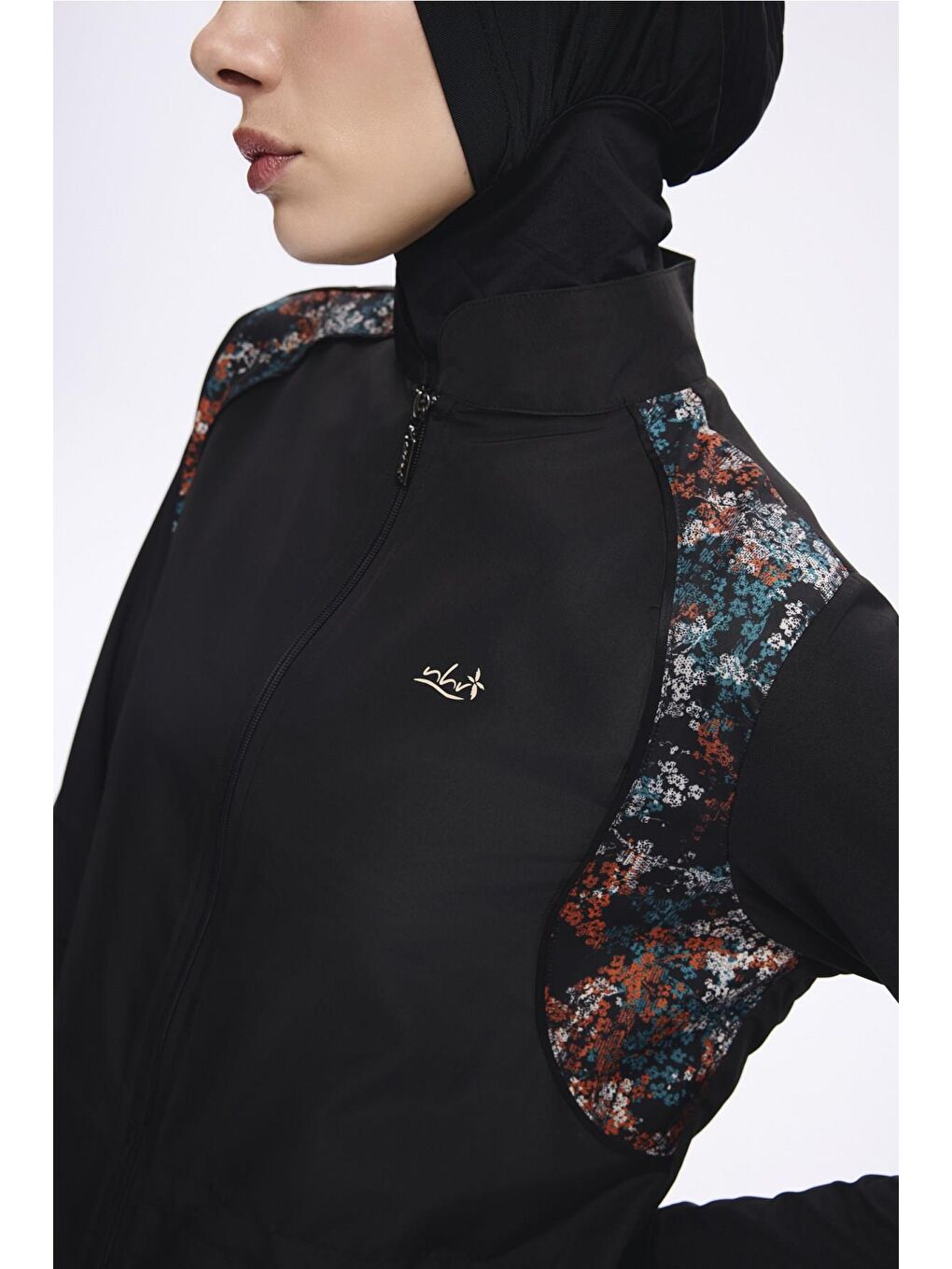 Omuz Bölgesi Desenli Siyah 3 Parça Dokuma Tam Tesettür Mayo Takımı 2274-3