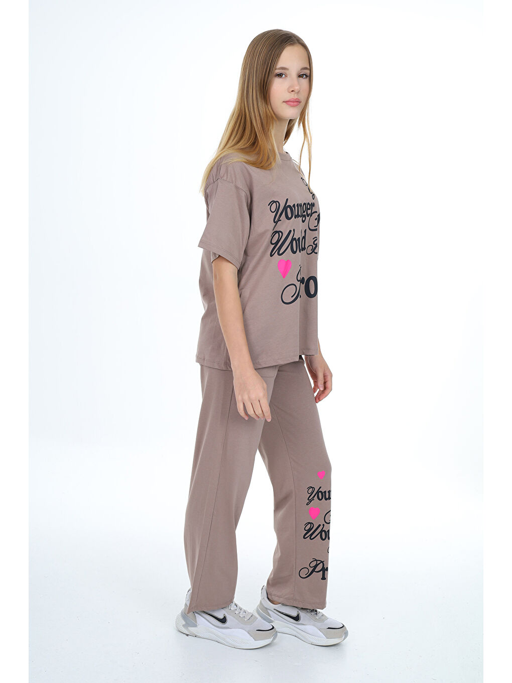 Kahverengi Kız Çocuk Yazı Baskılı Alt-Üst Takım 12150-3