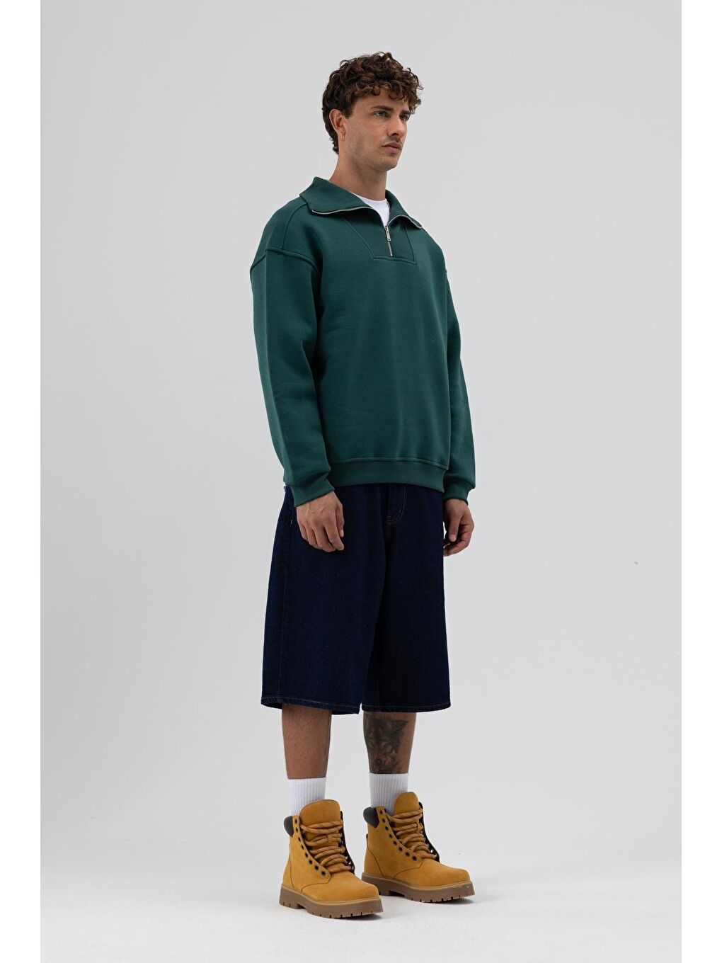 Yeşil Basic Fermuarlı Dik Yaka Sweatshirt Nefti-5