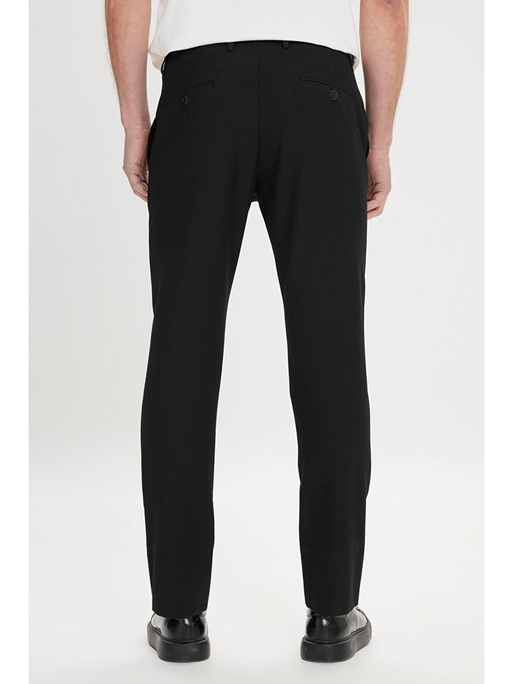 Erkek Siyah Slim Fit Dar Kesim Beli Bağlamalı Yan Cep Gofre Desenli Pantolon-5