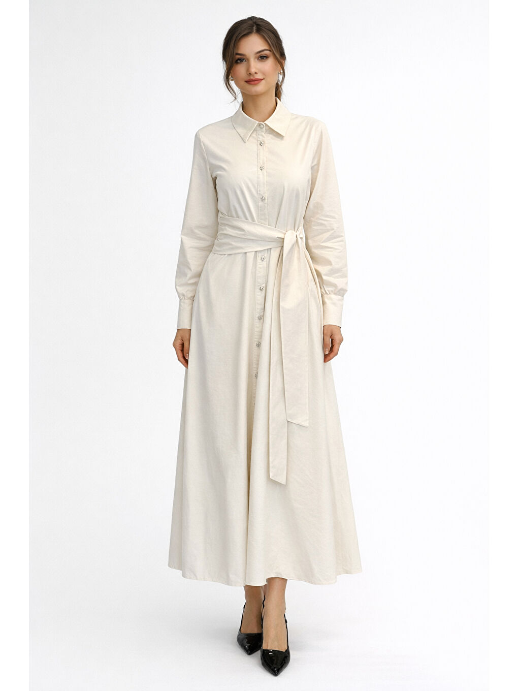 Bağlama Detay Poplin Elbise 13254 Bej