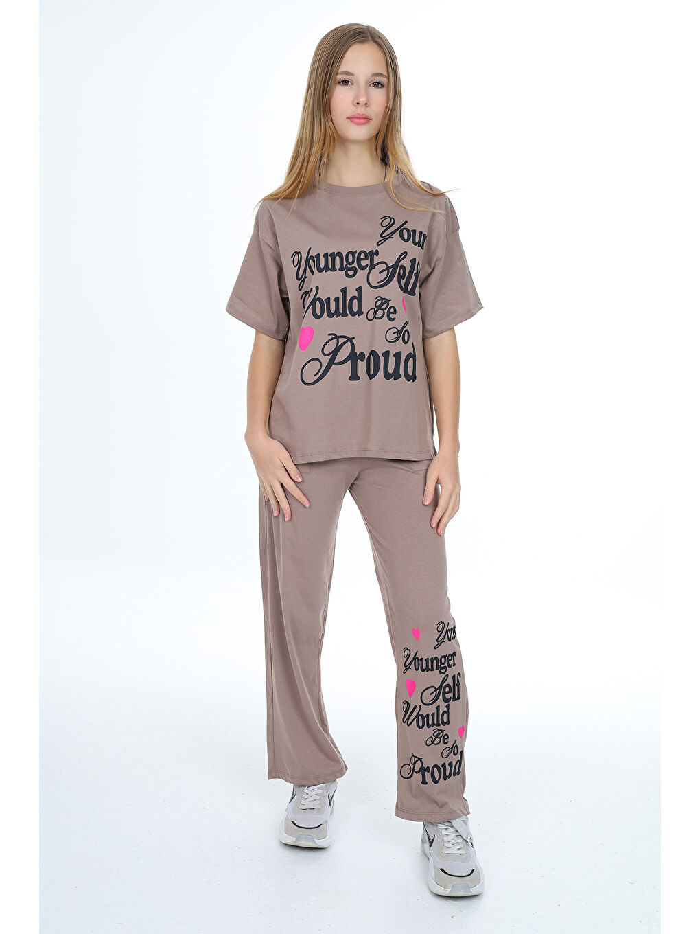 Kahverengi Kız Çocuk Yazı Baskılı Alt-Üst Takım 12150-4