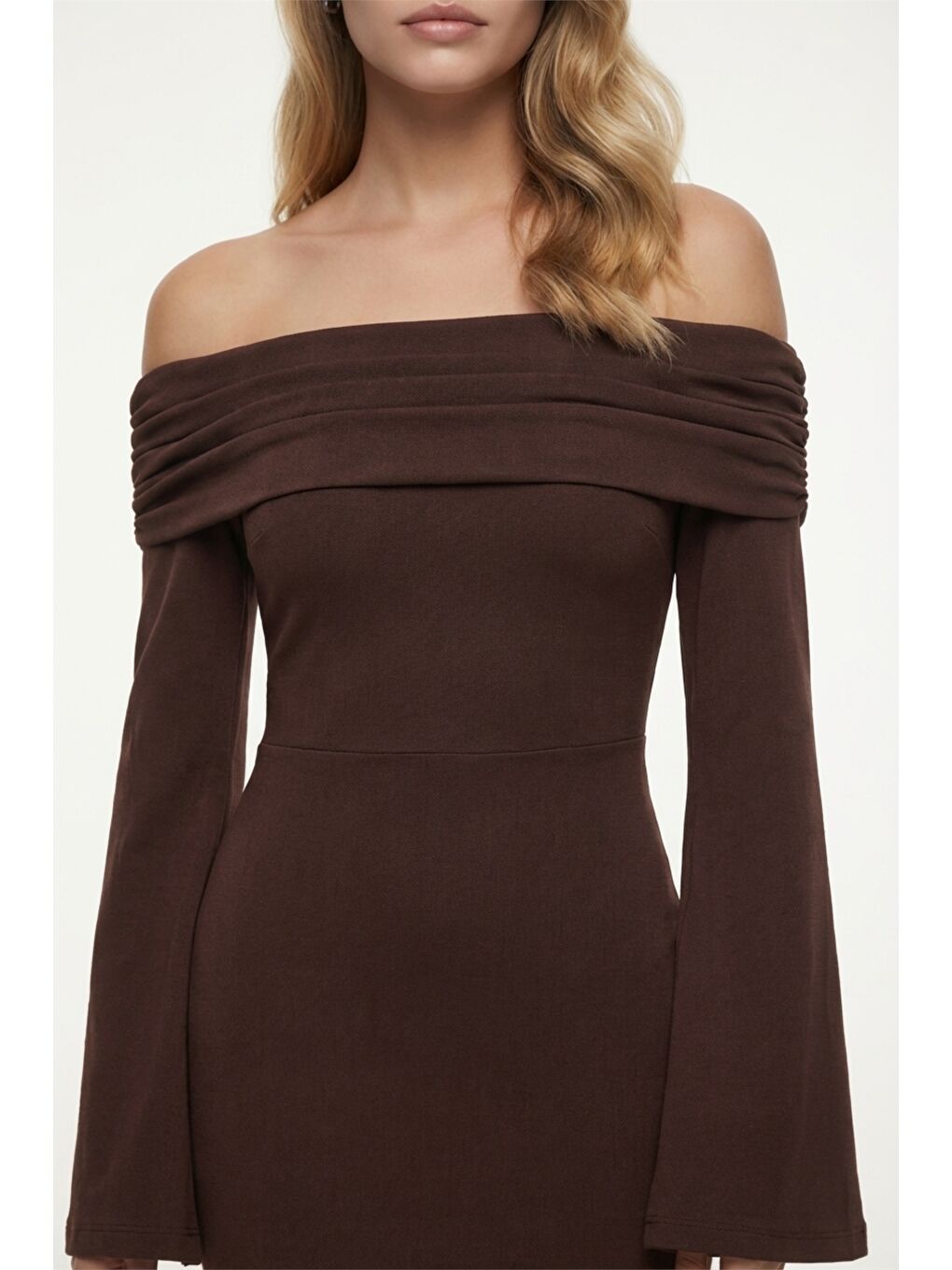 Kadın Kahverengi Carmen Yaka Gece Abiye Elbise-3