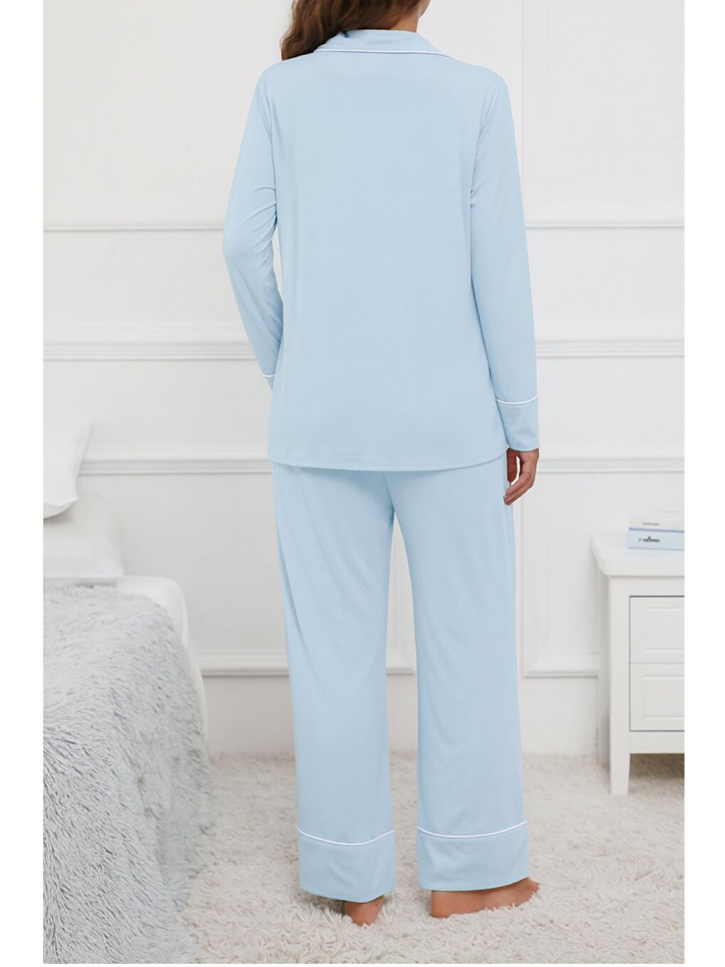 Bebek Mavi Gömlek Yaka Önden Düğmeli Uzun Kol Rahat Form Hamile ve Lohusa Pijama Takımı-1
