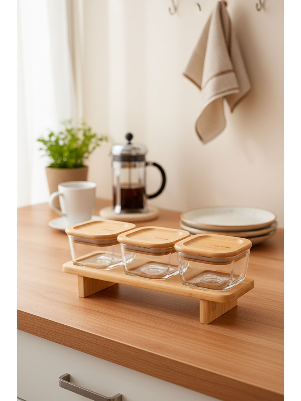 Kahverengi Lunaya 3'lü Bambu Standlı Kahvaltılık Orta