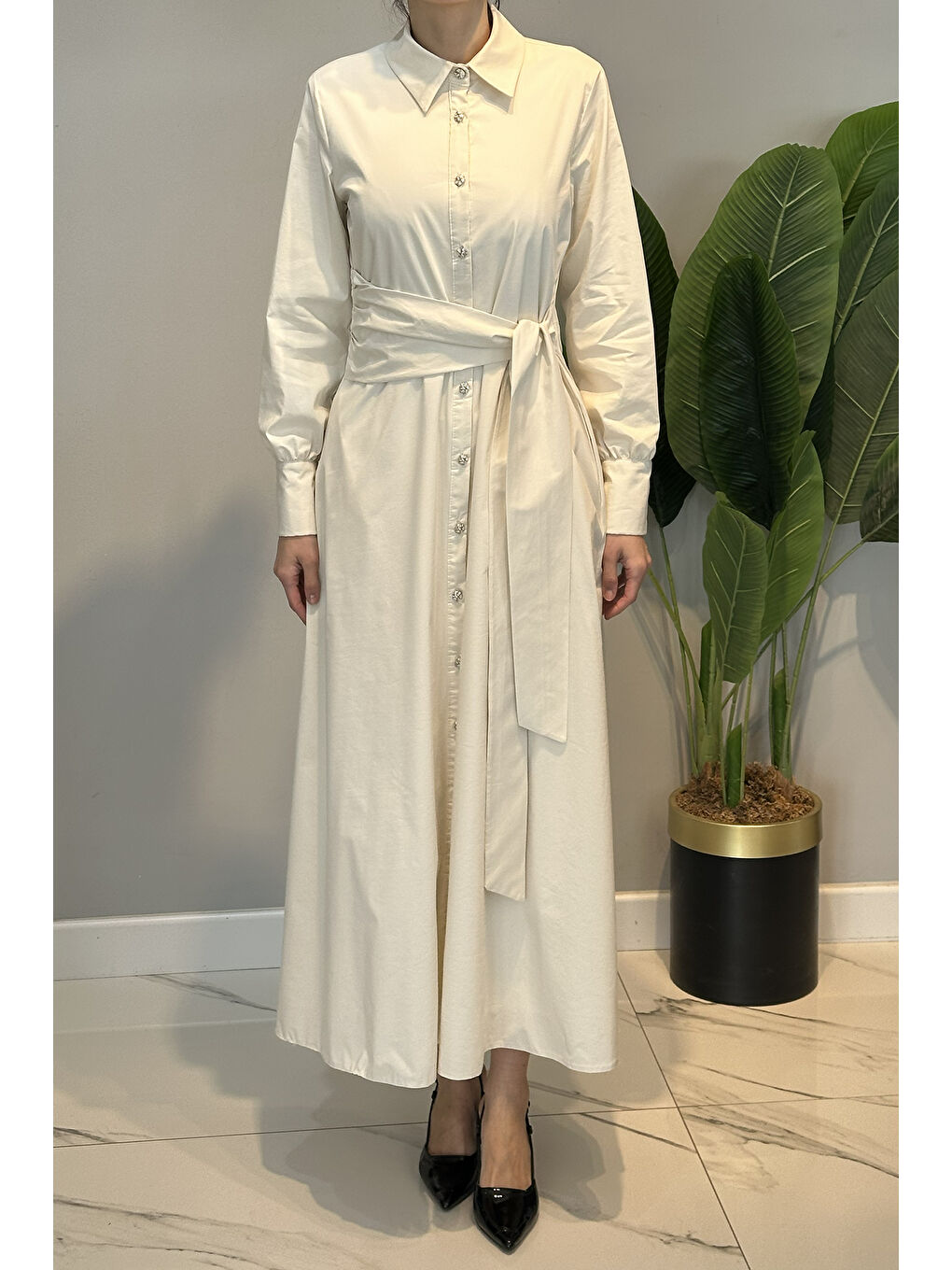 Bağlama Detay Poplin Elbise 13254 Bej-1