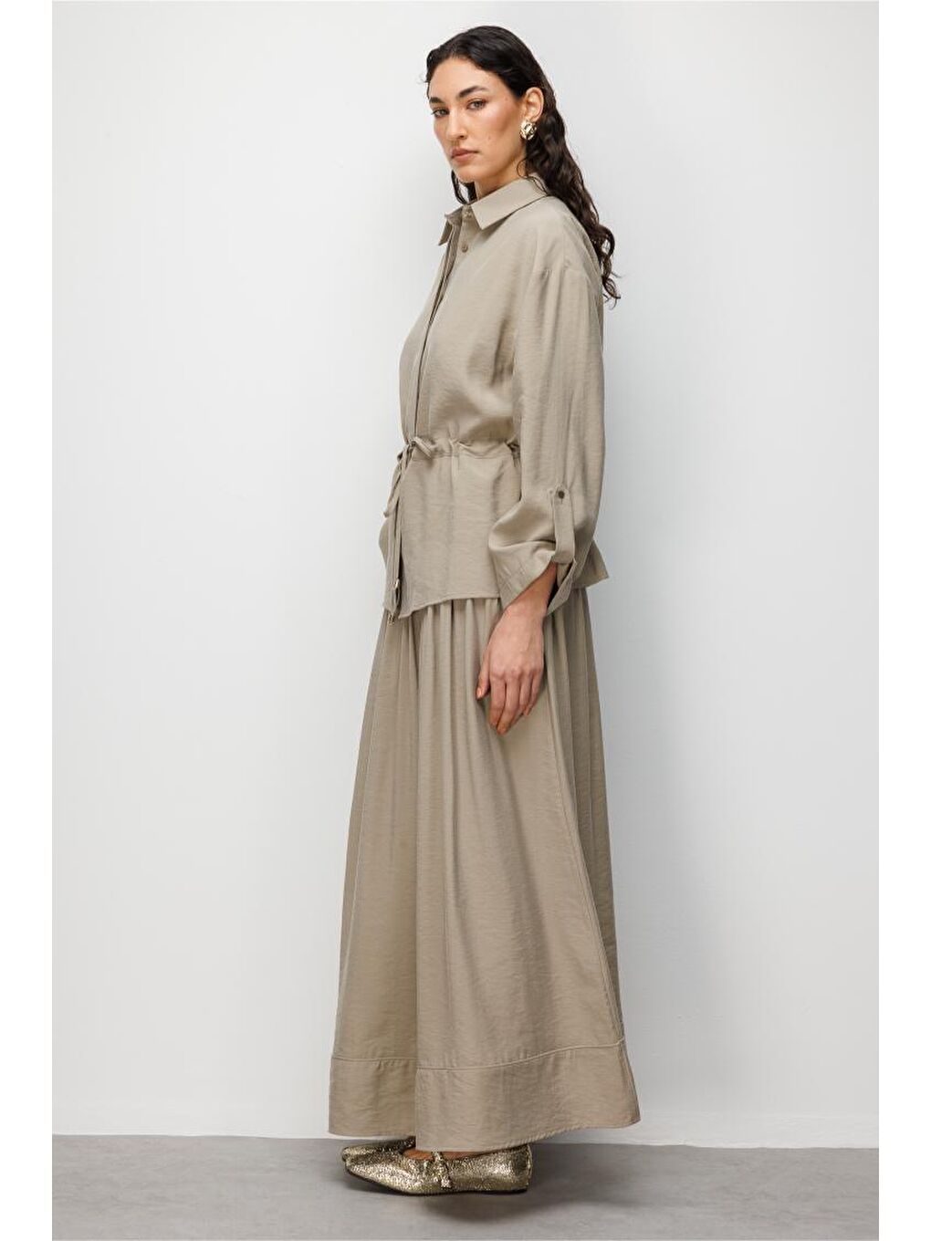 Bej Mizallle Vizon Rengi  Beli Büzgülü Viskoz Tunik-1