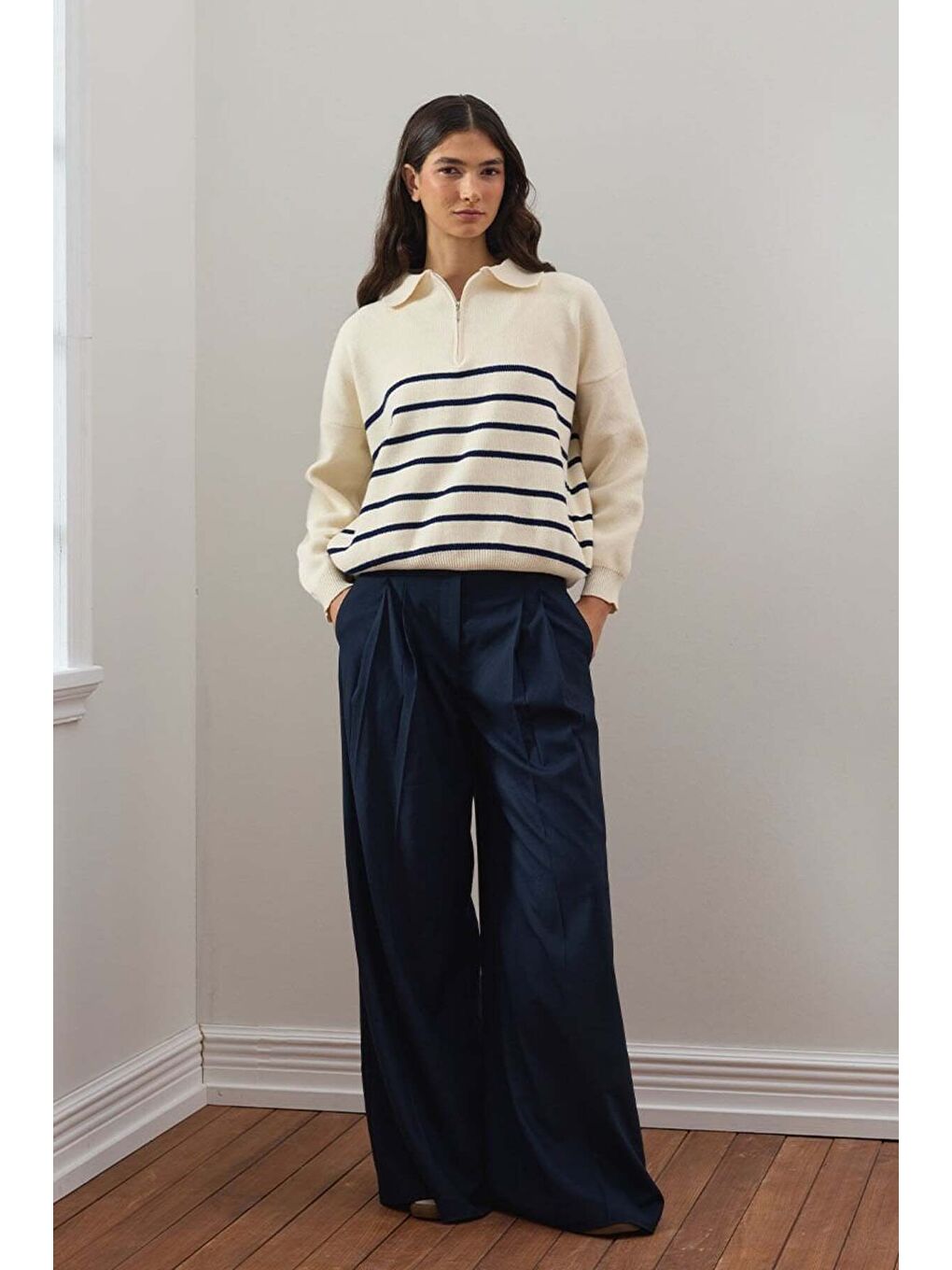 Lacivert Pile Detay Palazzo Pantolon-1