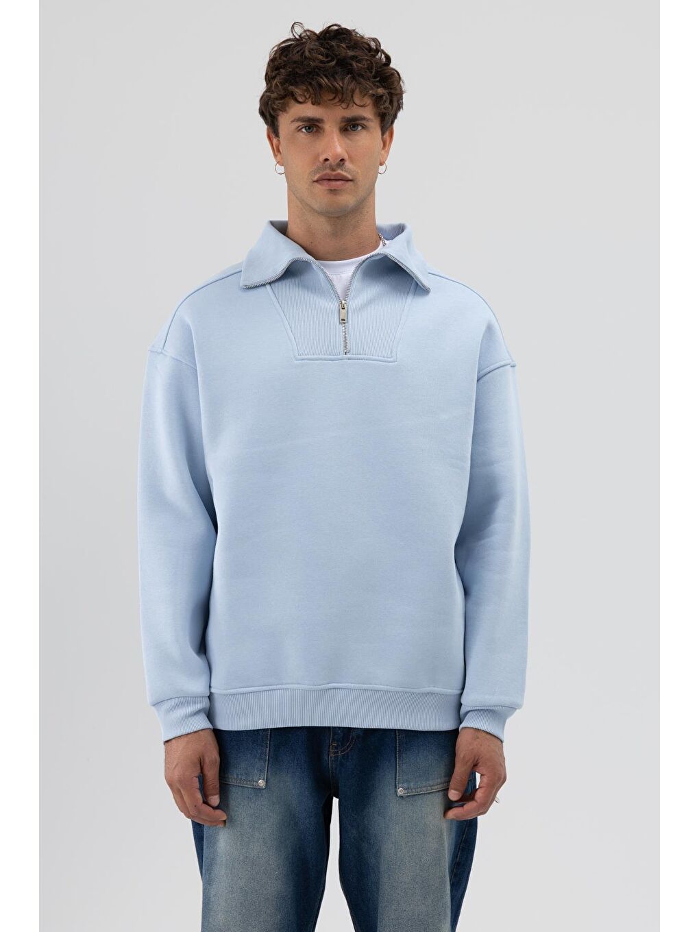 Basic Fermuarlı Dik Yaka Sweatshirt Bebe Mavi