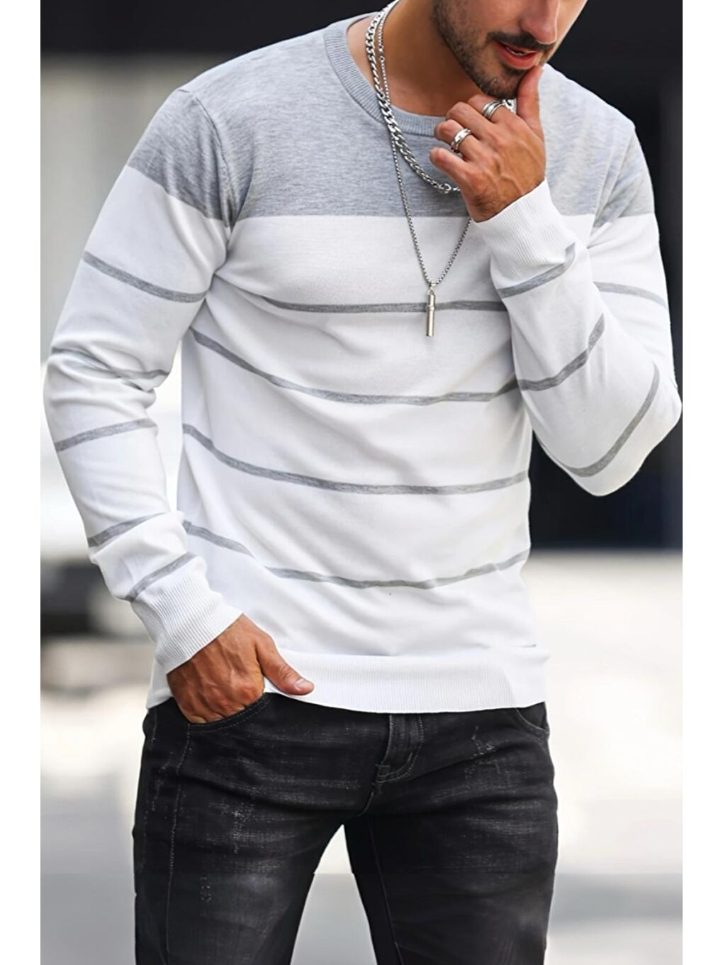 Gri Santi Slim Fit Çizgili Bisiklet Yaka Erkek Triko Kazak-1