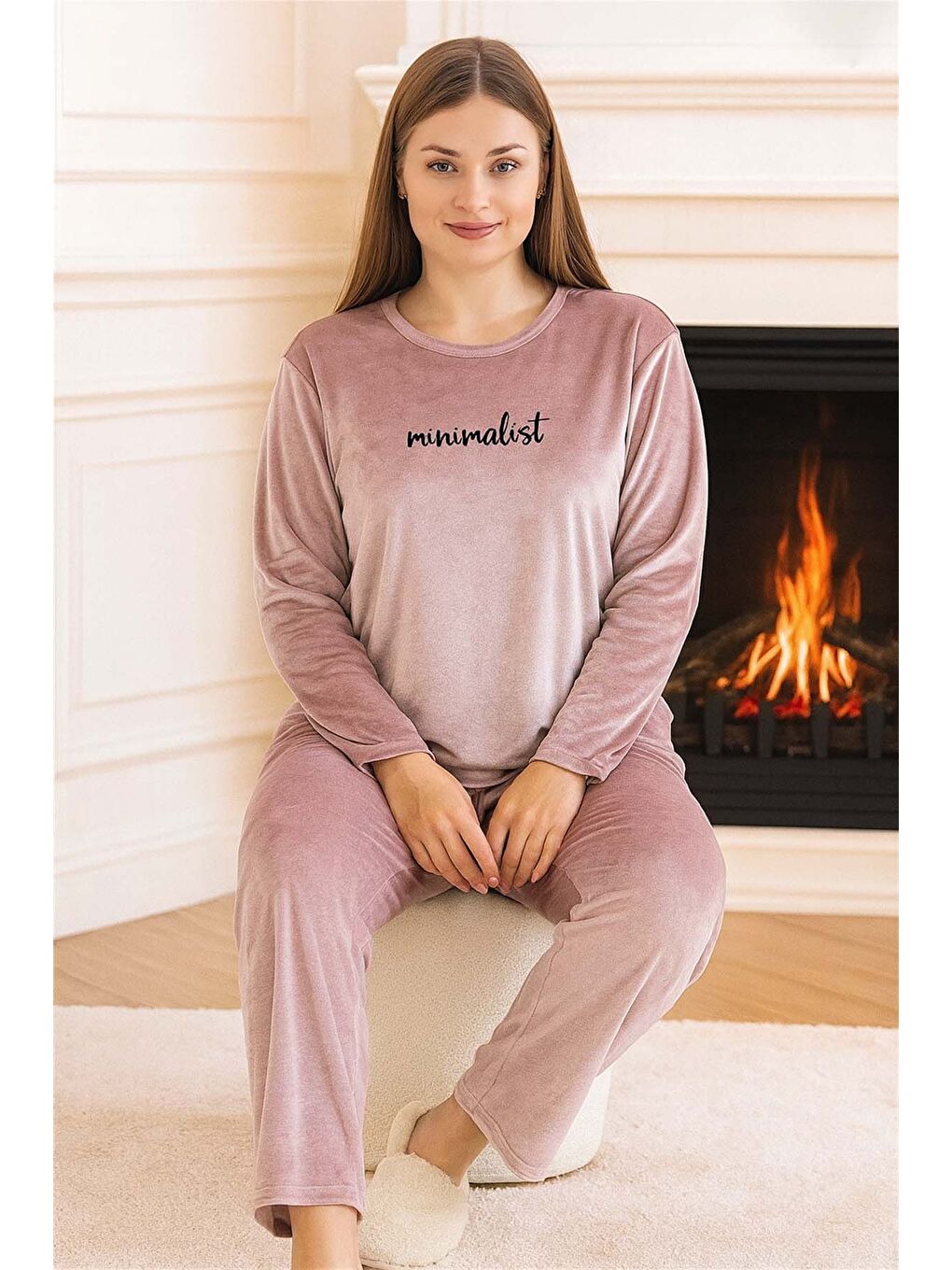 Pembe Büyük Beden Kadın Kadife Kumaş Pijama Takımı 13213 Pudra-3